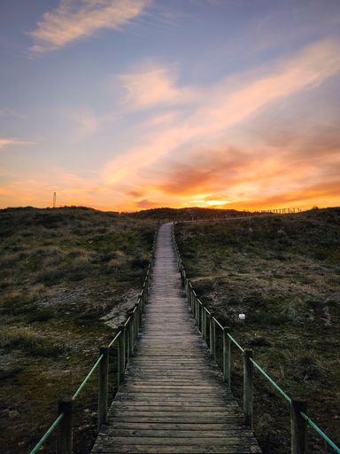 A vertical shot of a wooden dock going far into the horizon with a background of a sunset