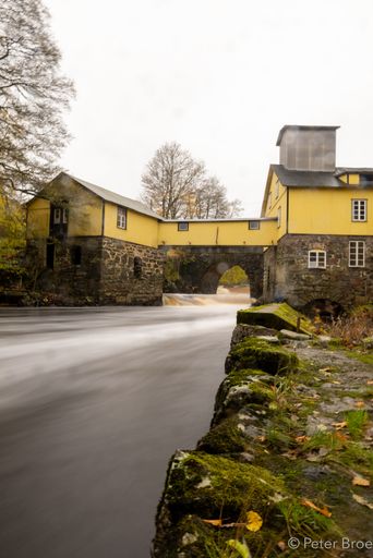 A vertical shot of the river flowing through the arch between two houses