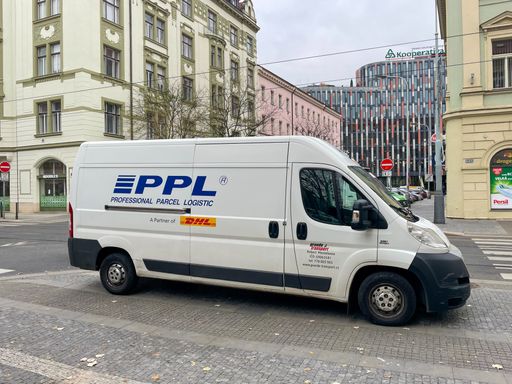 A van of the transport company PPL (part of German company DHL) parked in Prague Karlin.