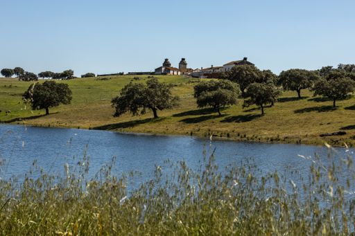A beautiful shot of the Alqueva Lake and some buildings in the background during the day
