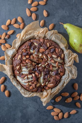 A top view shot of a sweet home made chocolate almond dessert