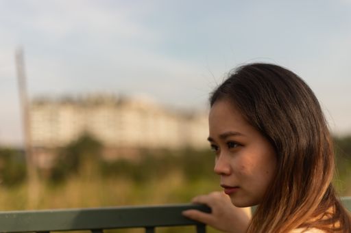 A portrait of a young Asian female holding the iron lattice while posing