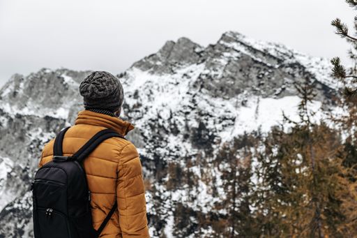 A back view of a Caucasian man wearing a yellow winter jacket and beanie, looking at snowy mountains