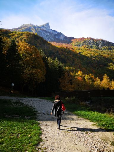 A female walking on a path in a beautiful autumn landscape in Italy