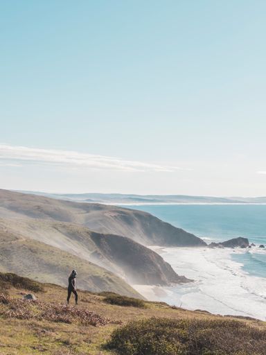 A vertical shot of Point Reyes National Seashore and a person walking on the hill, USA