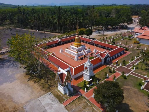 An aerial view of Wat Phra Borommathat Sai in Sawi District, Chumphon Province, Thailand