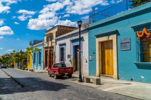 The traditional colorful houses in the historic center of Oaxaca, Mexico