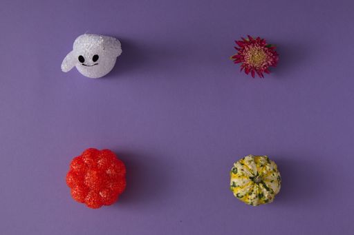 A Halloween decoration with pumpkin and flower on a purple background with copy space and spirit