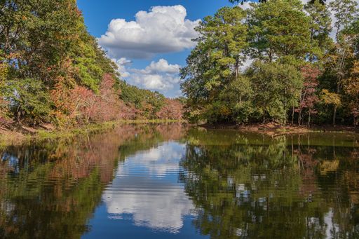 A scenic view of a lake reflecting green trees and autumn leaves with clouds in the blue sky