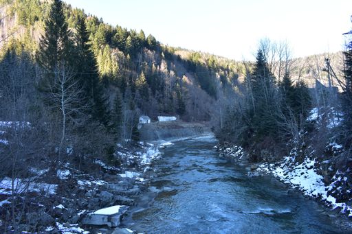A scenic view of a river flowing down the rocks covered with snow and through pine forests in winter