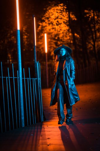 A vertical shot of a Caucasian female posing in a hat at night in a raincoat on a parcel, illuminated with dim blue light from the side