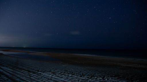 A beautiful view of a blue night sky and stars on dark background over a sandy beach and seawater