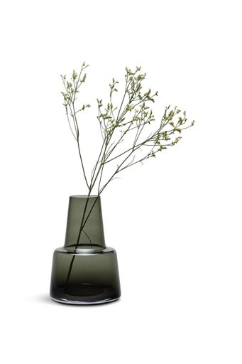A vertical shot of a plant in a grey glass vase under the lights isolated on a white background