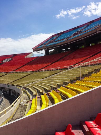 A beautiful vertical shot of the Hrazdan Stadium colorful seats in Yerevan, Armenia