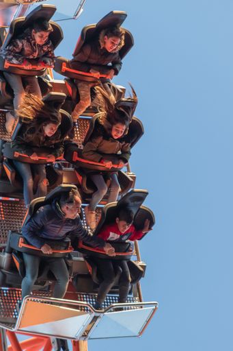 Group of people enjoying the abyss attraction in an amusement park in Madrid, Spain
