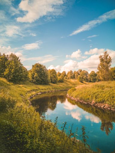 A beautiful shot of the River Mersey surrounded by greenery under a blue cloudy sky on a sunny day