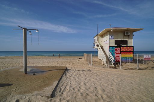 A lifeguard tower at Haifa beach in Israel on a sunny day