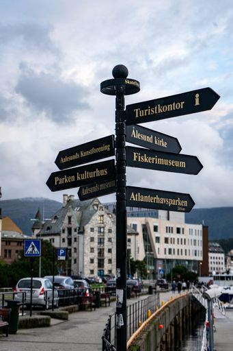 A vertical shot of the directional signage in the street in Norway