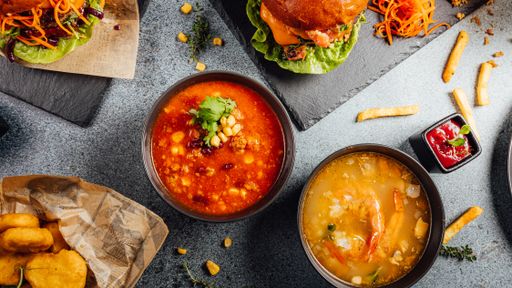 A closeup shot of soups and other ingredients