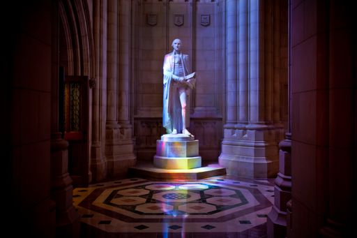 An interior view of the Washington National Cathedral with the statue of George Washington