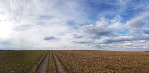 A panoramic shot of large green fields with plowed track against a cloudy blue sky on the horizon