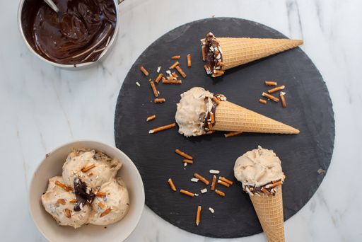 A beautiful shot of home made ice cream cones with chocolate