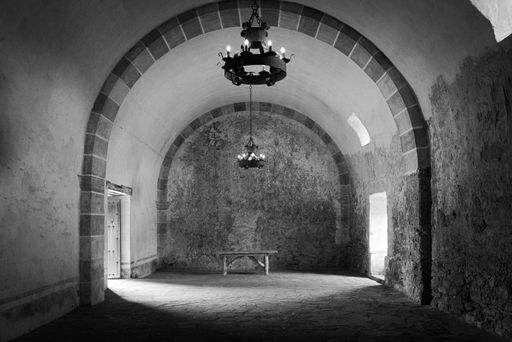 A grayscale shot of an empty room in an old building with an arc