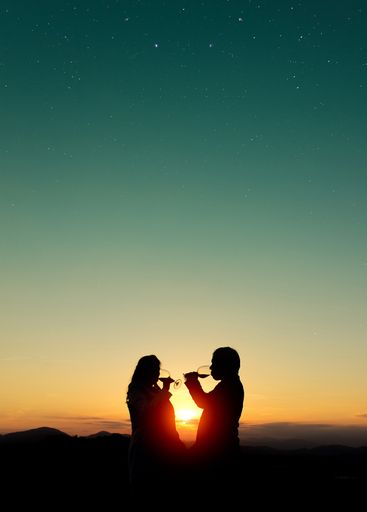 A beautiful shot of silhouettes of a male and female couple drinking wine at sunset