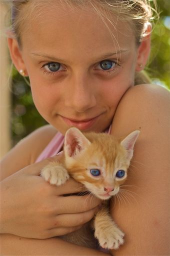 A portrait of the blue-eyed Caucasian girl with a small kitten