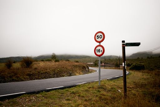 A road going through a field with direction and speed limit signs on a side in a foggy weather