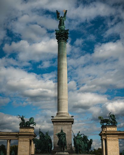 A vertical shot of Heroes' square under the cloudy sky in Budapest, Hungary