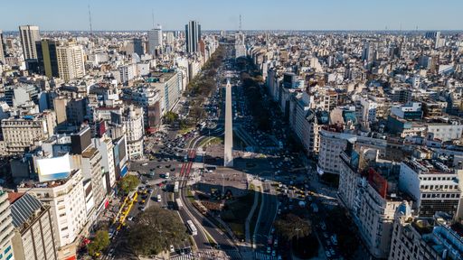 An aerial view of the cityscape of Buenos Aires, Argentina, over 9 De Julio Avenue in front of Obelisco