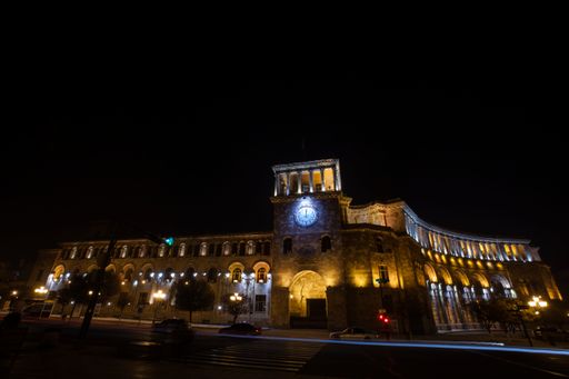 A vertical shot of the government house building at the Republic Square at night, Yerevan,  Armenia.