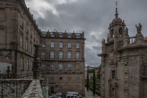 A perspective shot of the cathedral of Santiago de Compostela.