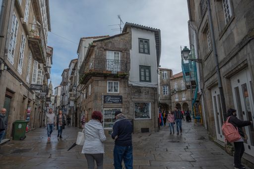 A v shot of buildings in Santiago de Compostela, Spain.