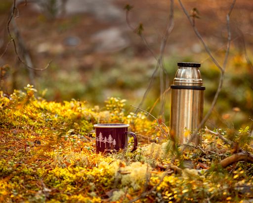 A closeup shot of a thermos and cute cup with fir trees in a forest