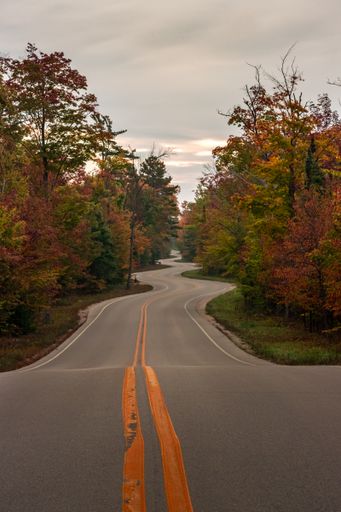 A bumpy curvy road through an autumn forest in Door County, Wisconsin, the USA at sunset or sunrise