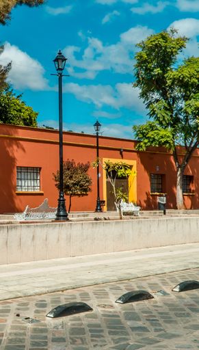 A vertical shot of the colonial style houses on Macedonio Alcala street on a sunny day in Oaxaca, Mexico