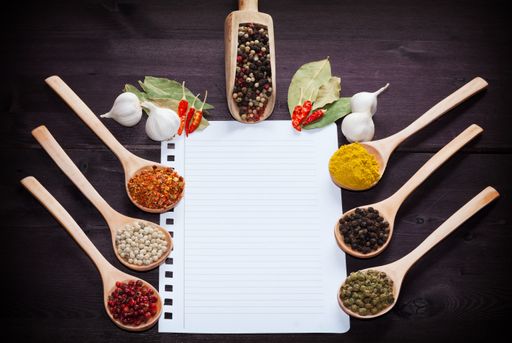 The various exotic spices in spoons on a wooden plate and blank white paper for recipes