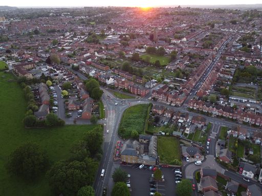 An aerial shot of the town of Yeovil during the sunset