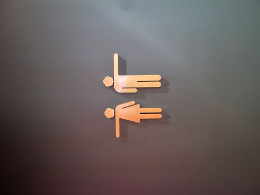 A closeup shot of a creative pointing toilet sign