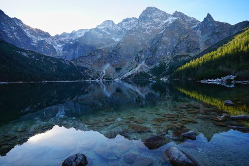 A spectacular view of Morskie Oko Lake in Tatra National Park; long exposure photography of nature, Poland