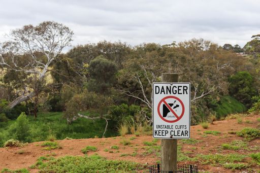 A danger sign in the forest with the trees and the cloudy sky in background