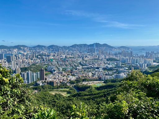 An aerial shot of the city of Hong Kong under the clear skies