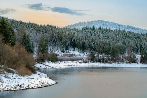 A beautiful natural view of mountains covered with trees and snow by the sea