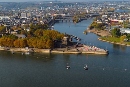 An aerial view of the confluence of the rivers Moselle and Rhine in Koblenz, Germany