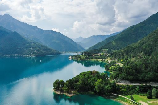 Drone shot of lake Ledro, near lake Garda and Riva del Garda