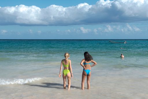 A rear view of girls in bikini enjoying a beautiful view of an ocean
