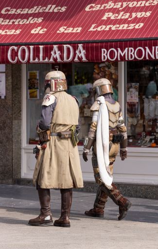 Gijon, Spain, July 03, 2021, Actors representing Star Wars characters, specifically mandalorians, during the celebration of the Comic Con in Gijon