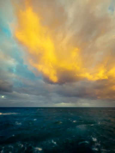 A vertical shot of blurred sea waves under a cloudy sky during the sunset